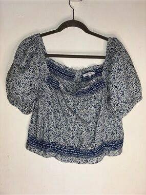 Madewell Blue Floral Smocked Puff-Sleeve Blouse